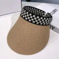 Sommer Stroh Sonnenblende Hut für Damen, lässige schwarz-weiße karierte leere Strandkappe. - M (56-58cm) / Khaki