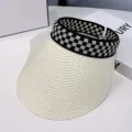Sommer Stroh Sonnenblende Hut für Damen, schwarz weiß kariertes elastisches Band, atmungsaktiv. - M (56-58cm) / Milchweiß