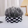 Kids funny spiky wig hat checkered beanie trendy short hair novelty fashion cap for children. - 3 Years - Adult (High Elasticity) + One Size / Black and White Checkerboard with Grey Hair