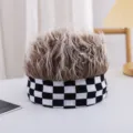 Kids funny wig hat black and white checkerboard knit beanie trendy street dance hair cap - 3 Years - Adult (High Elasticity) + One Size / Black & White Checkerboard - Brown Hair