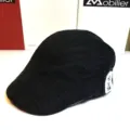 Classic black cotton flat cap detail view, showing fine stitching and side patch decoration. - S (54-57cm) / Men's Beret with Small White Stripes (Black)