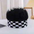 Kids wig hat black and white checkerboard trendy cool short curly hair cap for kids - 3 Years - Adult (High Elasticity) + One Size / Black & White Checkerboard - Black Hair