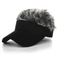 Detail shot of the novelty hair visor cap, showcasing the realistic spiked grey hair and black brim. - Adjustable / Black Cap Gray Wig