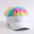 Colorful spiked hair baseball cap funny rainbow wig visor sun hat for men and women stylish - White (Multi-Colored Hair Peaked Cap)