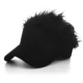 Black novelty hair visor cap detail view, showing the funny spiked wig design and curved brim. - Adjustable / Black Cap Black Wig