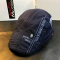 Navy blue denim ivy cap with skull rivet and embroidered text for men and women fashion. - S (54-57cm) / Dark Blue Beret