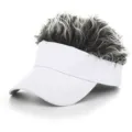 Detail view of funny novelty wig sun visor hat with fluffy grey hair and white empty top. - Adjustable / White Cap Gray Wig