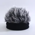 Novelty Spiky Hair Beanie Hat Black Base Grey Synthetic Hair Fun Party Cap Variant - Black (Knitted Brimless Cap with Gray and White Hair)