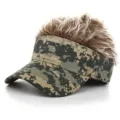 Novelty camouflage sun visor cap with funny attached faux spiky hair for cool outdoor street wear - Adjustable / Khaki Camo Cap Brown Wig
