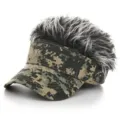 Camouflage visor hat detail, featuring a funny grey and white faux hair wig on top. - Adjustable / Khaki Camo Cap Gray Wig