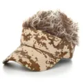 Funny camouflage sun visor hat with fluffy synthetic hair top, novelty gag cap for outdoor summer. - Adjustable / Coffee Camo Cap Brown Wig