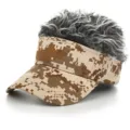 Camo visor cap with fake hair novelty funny hat outdoor sun protection headwear casual. - Adjustable / Coffee Camo Cap Gray Wig