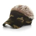 Funny camouflage hair visor hat novelty spiky wig cap outdoor sun protection baseball cap - Adjustable / Army Green Camo Cap Brown Wig
