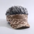 Funny camouflage baseball cap with grey fake hair, novelty sun visor hat for outdoor wear. - Yellow Camouflage (Peaked Cap with Grey & White Hair)