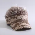 Unisex camo visor hat with funny spiked faux hair, trendy casual outdoor sun protection cap. - Yellow Camouflage (Peaked Cap with Brown & White Hair)