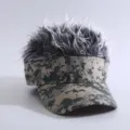 Camo visor hat with funny spikey synthetic wig hair on top for novelty party wear and daily shade. - Green Camouflage (Peaked Cap with Grey & White Hair)