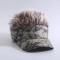 Camouflage hair visor hat novelty spiky hair baseball cap adjustable sun hat for men and women - Green Camouflage (Peaked Cap with Brown & White Hair)