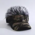 Camouflage hair visor hat funny spiked hair baseball cap sunshade novelty hat for men women - Army Green Camo Peak Cap with Grey-White Faux Hair