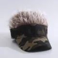 Camouflage hair baseball cap, funny sun visor hat with faux hair for men and women outdoor. - Army Green Camo Peak Cap with Brown-White Faux Hair