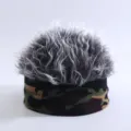 Funny novelty spiky wig beanie camo hat for men women party cosplay costume headwear - Camo Knitted Docker Hat with Grey-White Faux Hair