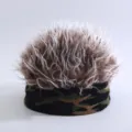 Funny camo spiky hair beanie hat, novelty wig cap for outdoor party and daily wear. - Camo Knitted Docker Hat with Brown-White Faux Hair