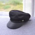 Black flat top navy cap for women, stylish autumn winter retro newsboy hat with brim. - M (56-58cm) / Black