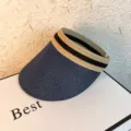 Summer straw sun visor empty top hat breathable beach hat casual holiday sunhat for women - Plain Style (Navy)