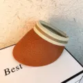Women's woven empty top sun hat with striped elastic headband, orange and beige summer hat. - Plain Style (Brick Red)