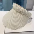 White pearl straw sun visor hat for women summer beach holiday breathable empty top hat - Beaded Straw Style (Cream)
