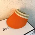 Orange Straw Sun Visor Women Summer Beach Empty Top Hat With Striped Elastic Band - Plain Style (Orange)