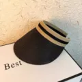 Black straw empty top sun visor hat with striped ribbon, stylish and breathable for outdoor travel. - Plain Style (Black)