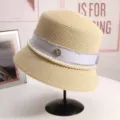 Summer women pearl straw bucket hat elegant cloche sun hat with M logo ribbon chic beach cap - M(56-58CM) Adjustable / Beige