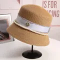 Cappello di paglia donna elegante perla nastro cappello sole vintage secchio pescatore - M(56-58CM) Regolabile / Kaki