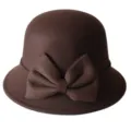 Brown wool felt bucket hat for women with elegant bow vintage bowler cloche hat main view - M (56-58cm) / Coffee