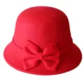 Red wool felt bucket hat for women, elegant dome bowler hat with cute bow knot accessory. - M (56-58cm) / Red
