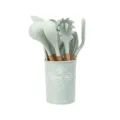 Silicone kitchen utensil set with wooden handles and storage holder for cooking and baking. - 12-Piece Set with Storage Barrel