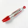 Stainless steel red silicone kitchen food tongs for cooking barbecue grilling tools. - 7" / Red