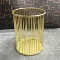 Gold metal wire pen holder and desktop organizer, stylish round storage basket for office supplies. - Gold
