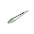 Stainless steel kitchen tongs with green silicone grips and hanging ring for cooking. - Food Clip