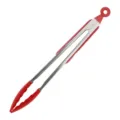 Stainless steel food tongs with red silicone grip and pull ring for kitchen cooking BBQ - 12 Inch / Red