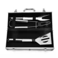 Stainless steel BBQ grill tool set in aluminum case for outdoor cooking and camping activities. - Three-Piece Set
