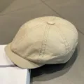 Gorra plana de lona caqui, sombrero octogonal retro para mujer, estilo pintor británico. - M (56-58cm) / Beige