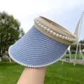 Blaue Perlen gewebte leer obere Sonnenhut Sommer Strand UV Schutz Visier Kappe Variante - M (52-58 cm) Verstellbarer Kopfumfang / Himmelblau