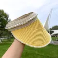 Damen Perle Stroh Sonnenblende Sommer Strand UV Schutz leerer Top Hut Freizeit Sonnenhut - M (52-58 cm) Verstellbarer Kopfumfang / Kurkuma