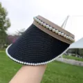 Schwarzer Stroh-Sonnenblendenhut mit Perlen, leerer Oberseite Strand Sonnenhut für Damen. - M (52-58 cm) Verstellbarer Kopfumfang / Schwarz