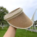Perlen Stroh Sonnenblende Hut fuer Damen Sommer UV Schutz leerer Oberseite Strand Sonnenhut - M (52-58 cm) Verstellbarer Kopfumfang / Khaki
