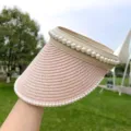 Rosa Stroh Sonnenblende mit künstlichen Perlen, elegante Damen Sommer Strandkappe neu. - M (52-58 cm) Verstellbarer Kopfumfang / Rosa