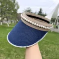 Modische Perlen Stroh Sonnenblende Sommer Strand offenes Oberteil UV Schutz Sonnenhut - M (52-58 cm) Verstellbarer Kopfumfang / Blau