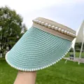 Mintgrüner Sonnenhut aus Stroh mit Perlen für Strandurlaub und sommerliche Outdoor-Aktivitäten. - M (52-58 cm) Verstellbarer Kopfumfang / Türkisgrün