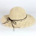 Beige woven straw sun hat with black leather string bow, foldable wide brim beach hat style. - M (56-58cm) / 271 Beige